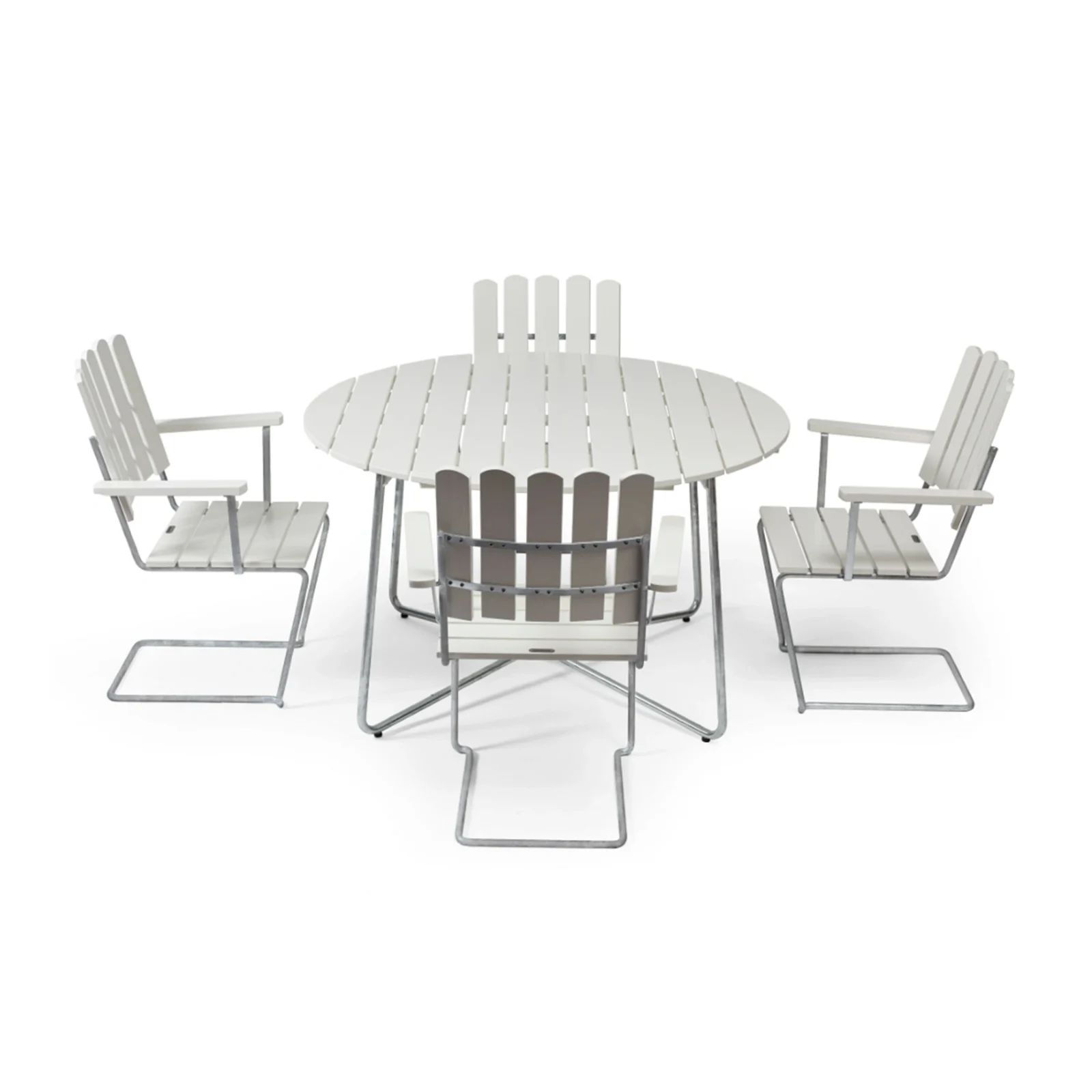 Klassikergrupp vit ek / varmförzinkad - 4 A2 stolar, 9A bord