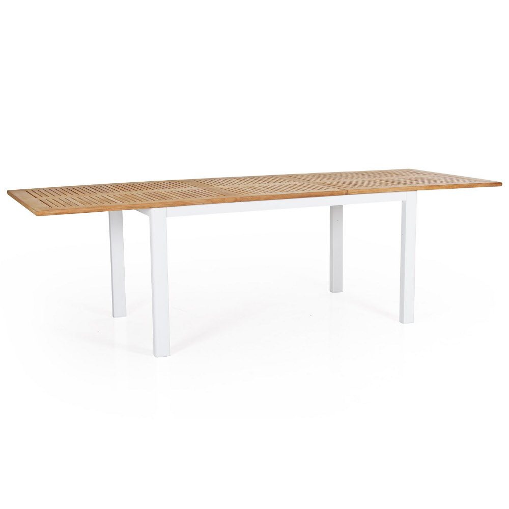 Lyon förlängningsbord i teak och lackad aluminium i vitt, storlek 194-252x92 cm.