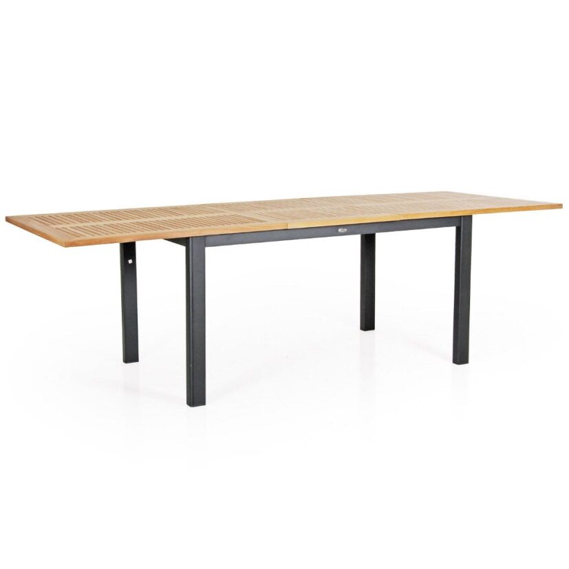 Lyon förlängningsbord i teak och lackad aluminium i svart, storlek 194-252x92 cm.