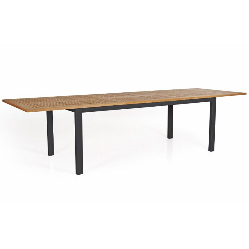 Lyon förlängningsbord i teak och lackad aluminium i svart, storlek 224-304x92 cm.