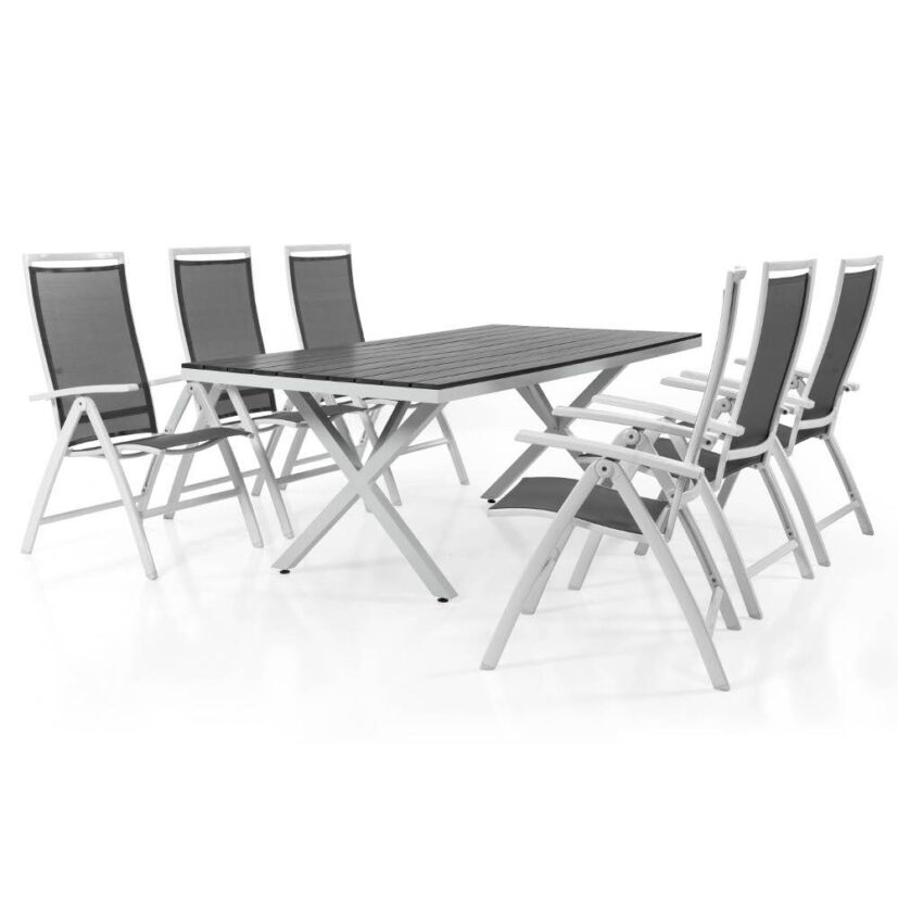 Sunny positionsstol i vit aluminium med grå textilene och Leone bord i vitt och grått.