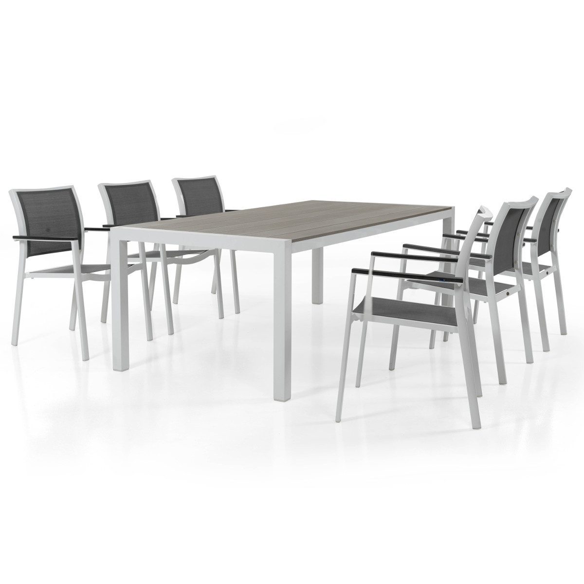 Scilla karmstol i vit aluminium och grå textileneväv tillsammans med Crescendo matbord i vitt och taupe.
