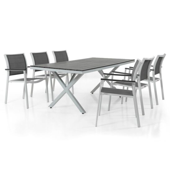 Scilla stapelstol tillsammans med Leone matbord i vitlackad aluminium med grå nonwood skiva.