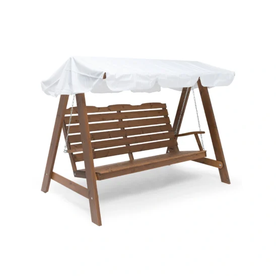 Dalom hammock i brun furu med vitt tak.