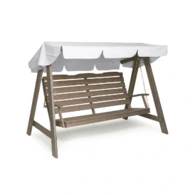 Dalom hammock i grå furu med vitt tak.