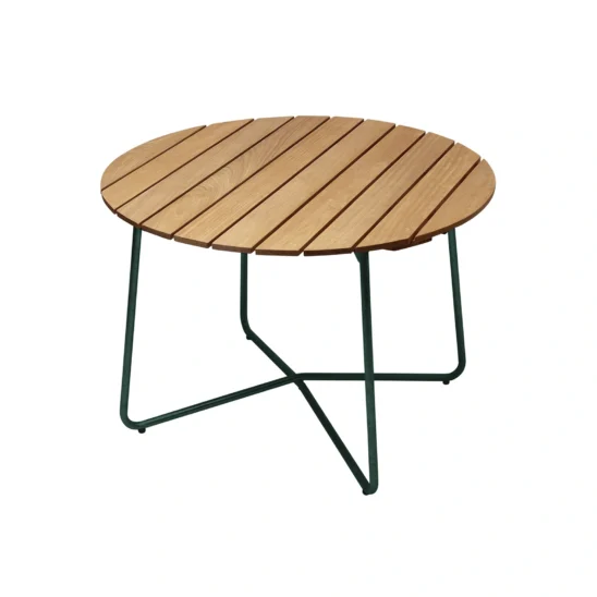 9A 100 matbord med skiva i oljad ek och mörkgrönt stativ.