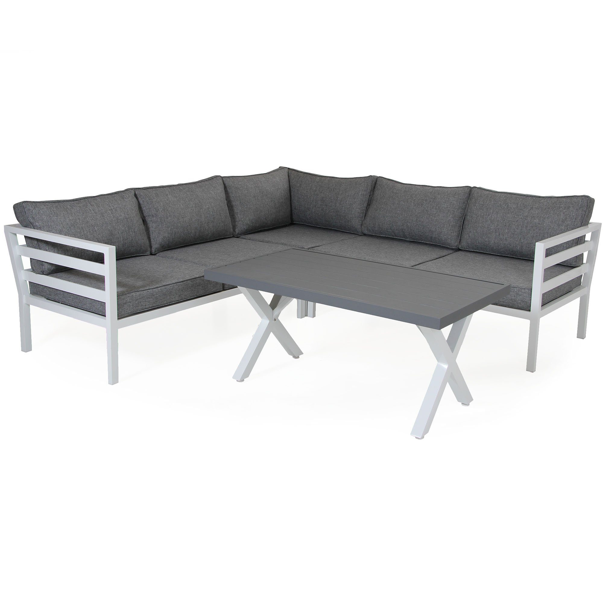 Weldon hörnsoffgrupp från Brafab med soffbord med bordsskiva i antracitgrå matt lackad aluminium.