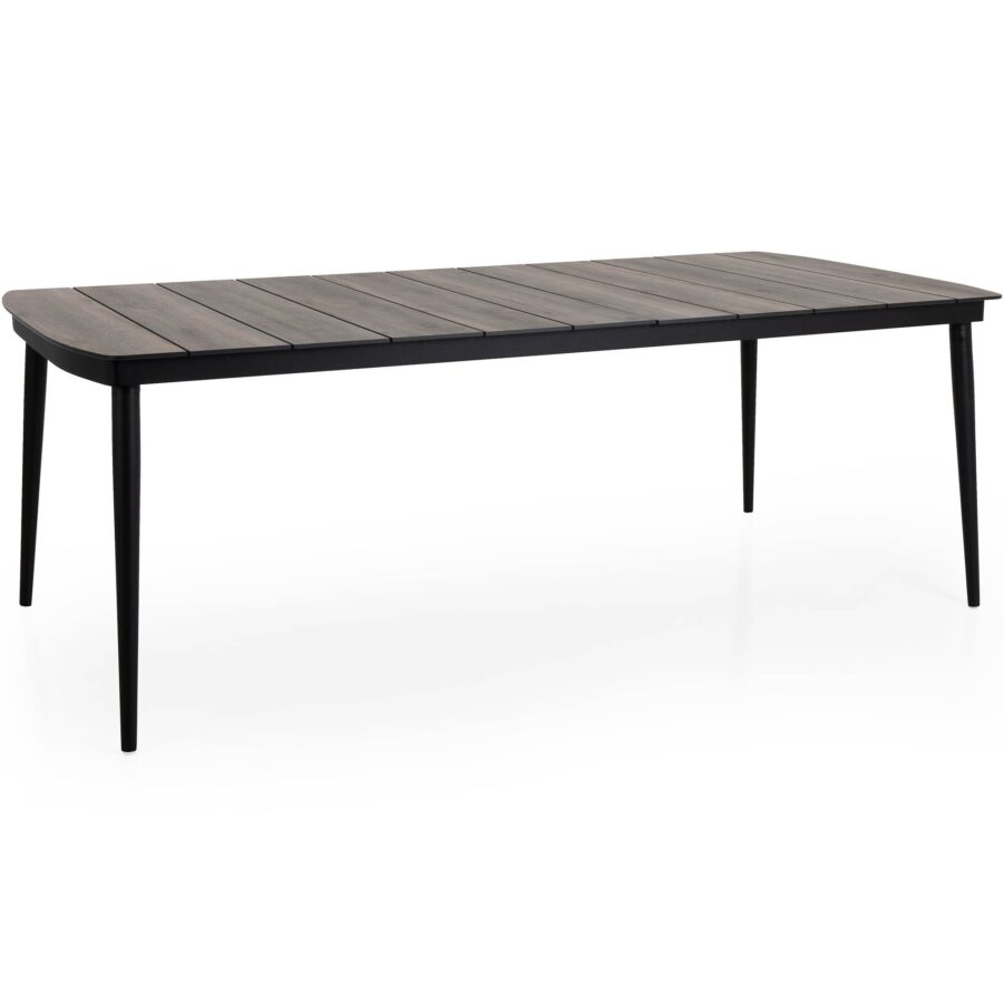 Matbordet Callander med svart stativ och bordsskiva i natur..