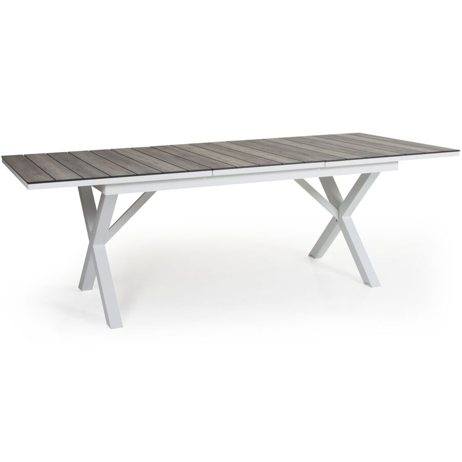 Hillmond förlängningsbart bord i vitt med naturfärgad skiva i laminat.