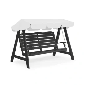 Dalom hammock i mörkgrå furu med vitt tak.