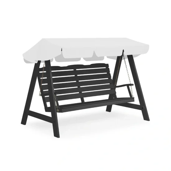 Dalom hammock i mörkgrå furu med vitt tak.