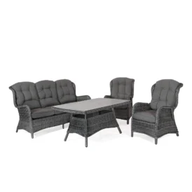 Rio soffgrupp i antracitfärgad konstrotting med mörkgrå dynor.