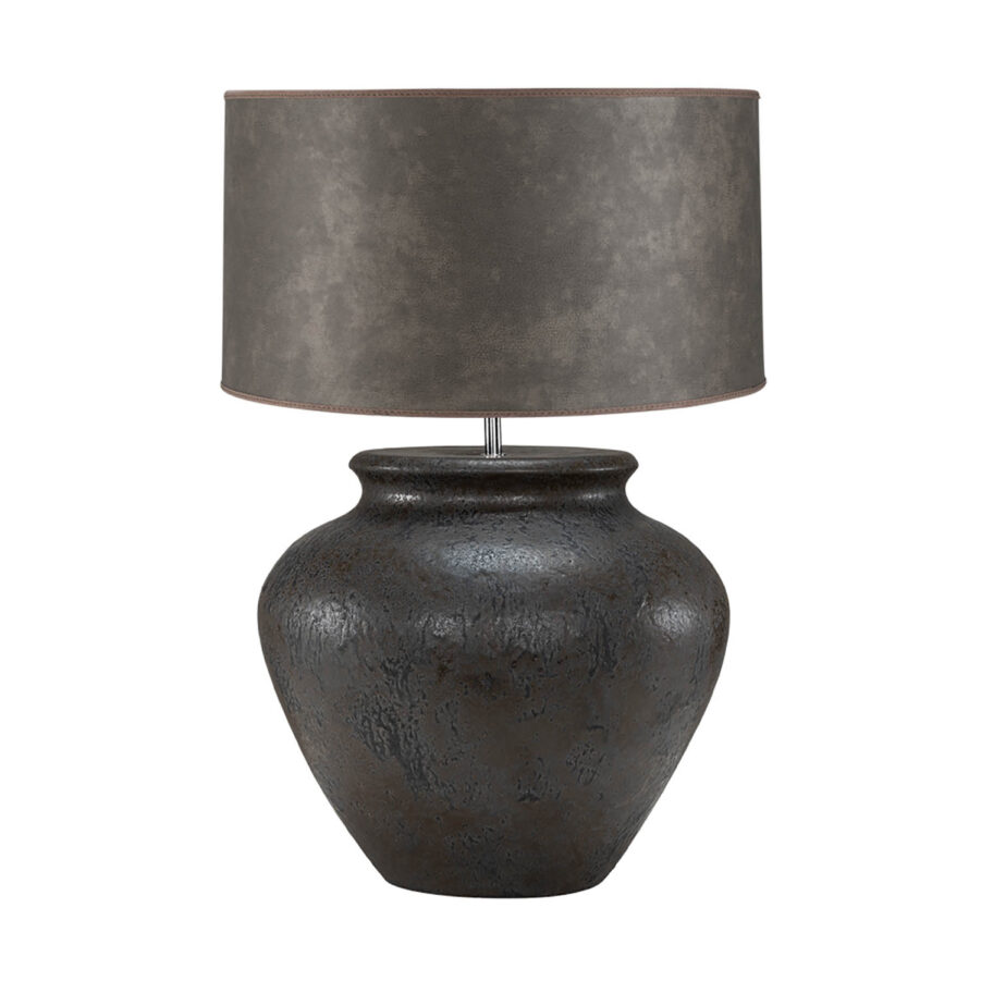 Modena bordslampa i brun keramik med cylinder lampskärm i taupe.