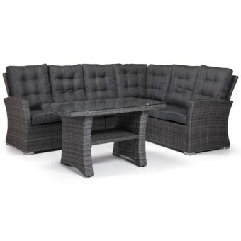 Monaco hörnsoffa i antracitgrå konstrotting med mörkgråa dynor.