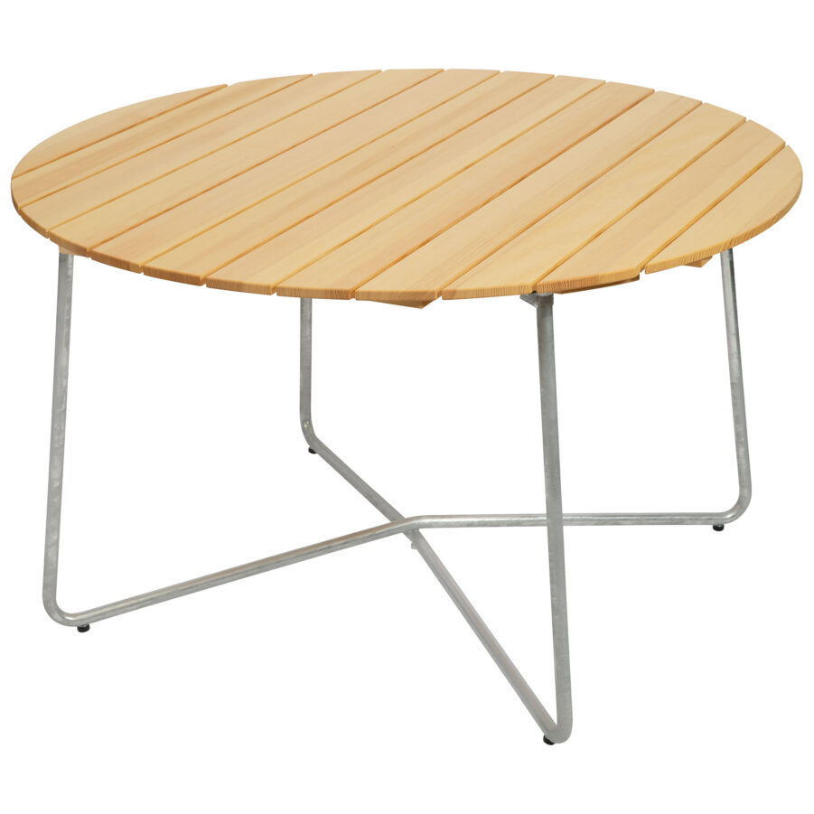 Grythyttan 9A bord i storleken 120 cm med furuskiva och stativ i varmförzinkat stål.