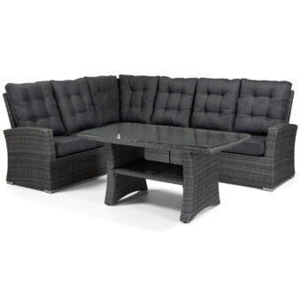 Andorra hörnsoffa med hög rygg i antracitgrå konstrotting med mörka dynor.