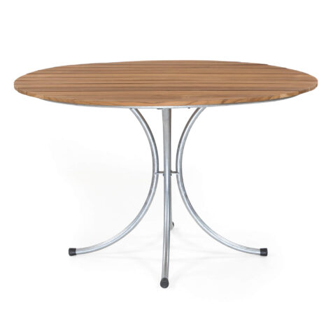 Sigtuna matbord med diametern 120 cm i teak med galvaniserat stativ.