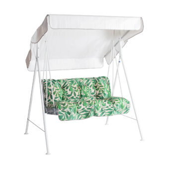 Duo hammock i vitt med dynor med grönt bladmönster.