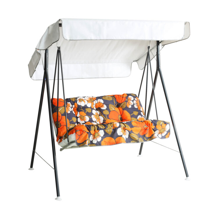 Duetto Nostlgia hammock i grått med orange-blommiga dynor.