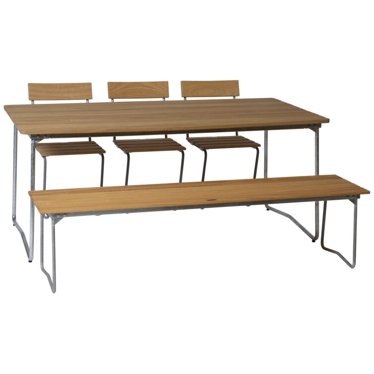B31 matbord, bänk och Stol 1 i oljad ek med varmförzinkat stativ.