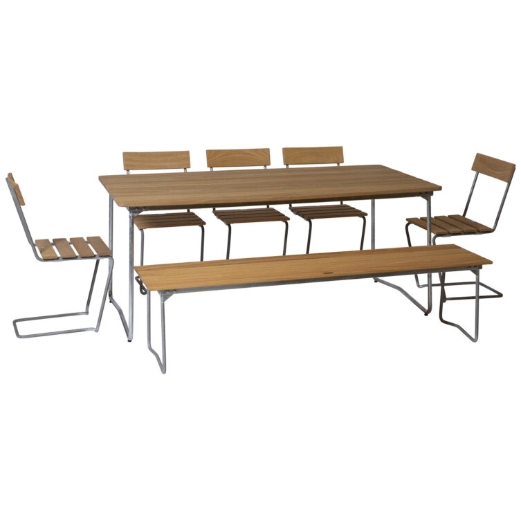 B31 matbord, bänk och Stol 1 i oljad ek med varmförzinkat stativ.