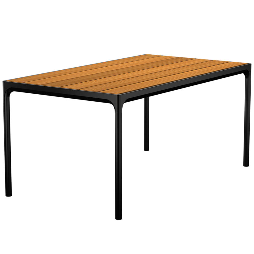Four matbord i storleken 160x90 cm med svart stativ och bordsskiva i bambu.