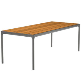 Four matbord i storleken 210x90 cm med svart stativ och bordsskiva i bambu.