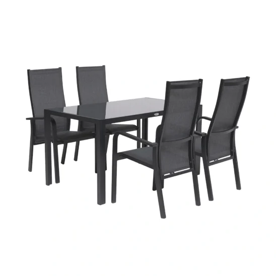 Hånger matgrupp med 4 positionsstolar, 140x90 cm - svart