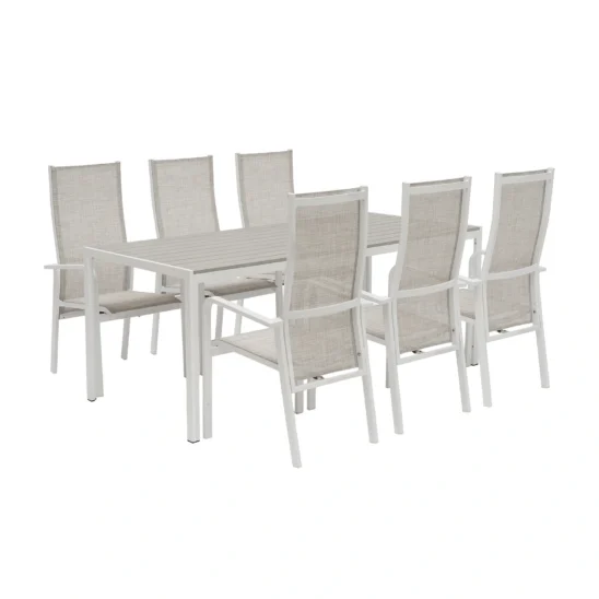 Hånger matgrupp med 6 positionsstolar, 210x90 cm - vit/gråbeige