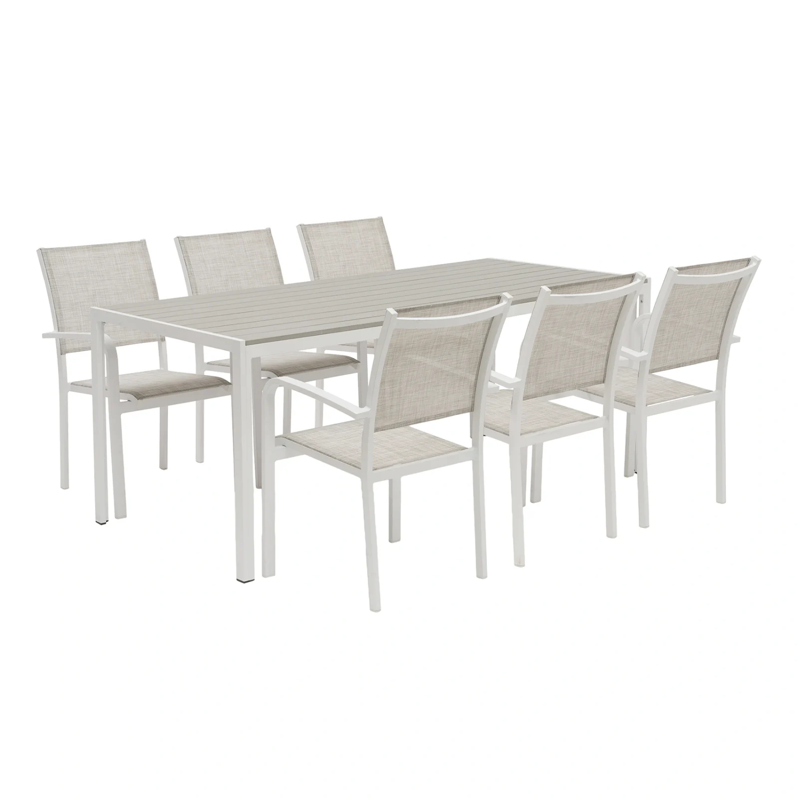 Hånger matgrupp med 6 stapelstolar, 210x90 cm - vit/gråbeige