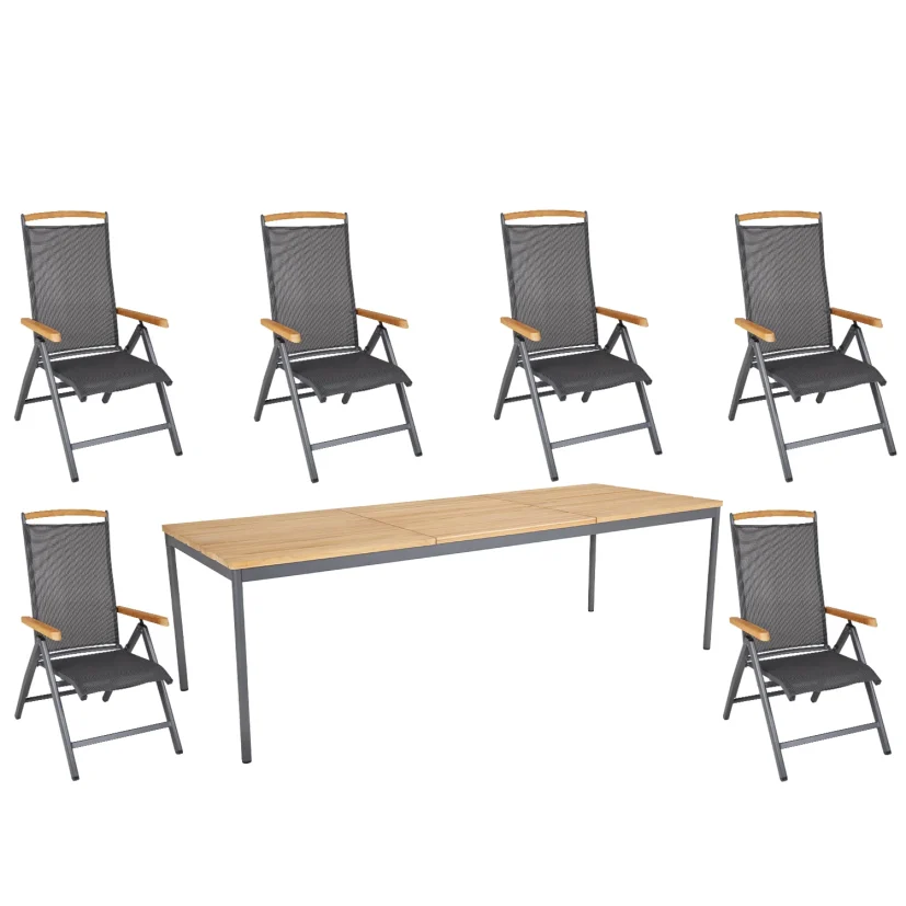 Andy/Nox matgrupp antracit/teak, 6 stolar 238x90 cm