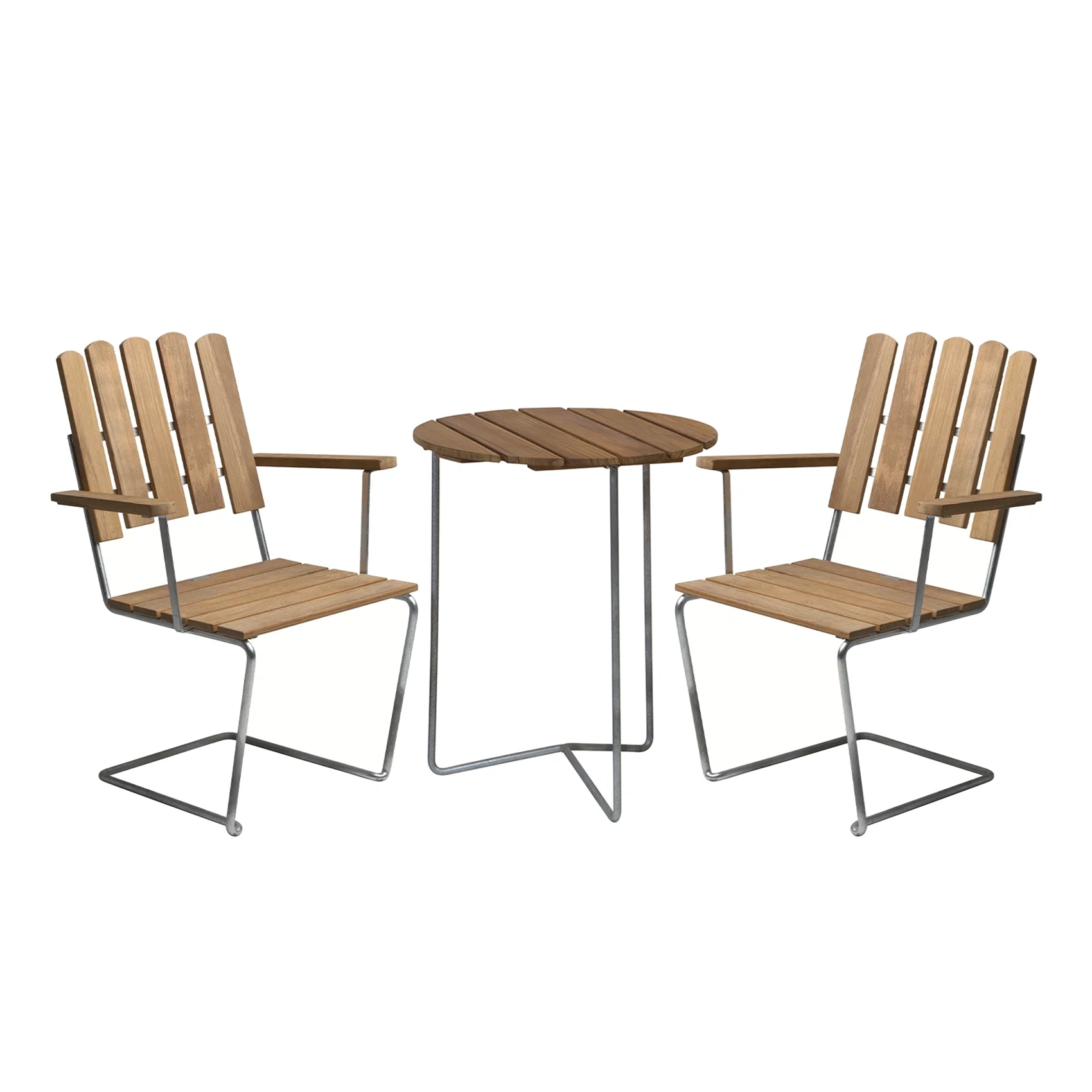 Cafégrupp med A2 och 68 i teak med varmförzinkat stativ.
