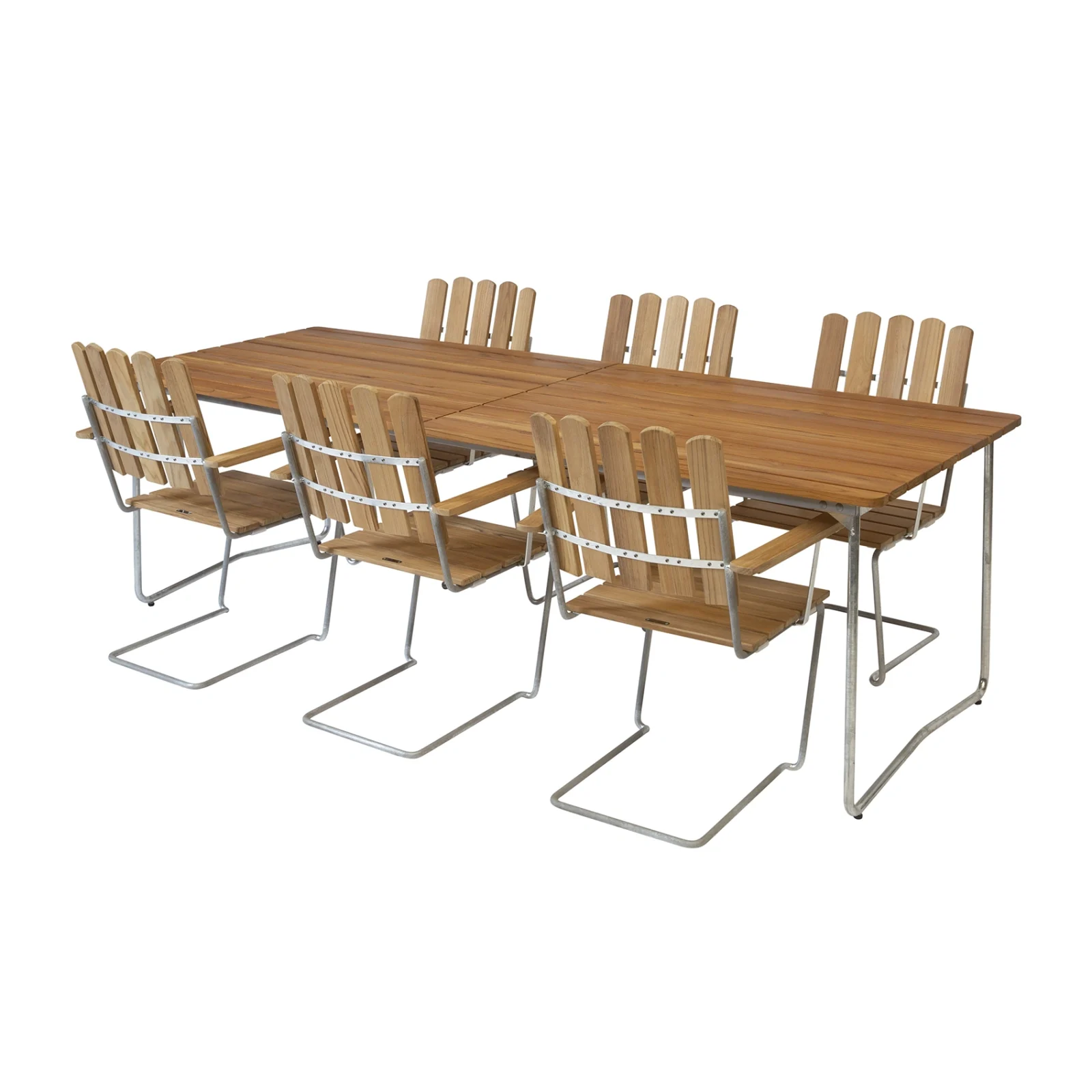 Klassikergrupp teak / varmförzinkad - 6 A2 stolar, B31 230 cm