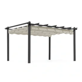 Skanör pergola med svart stomme och tak i färgen sand.