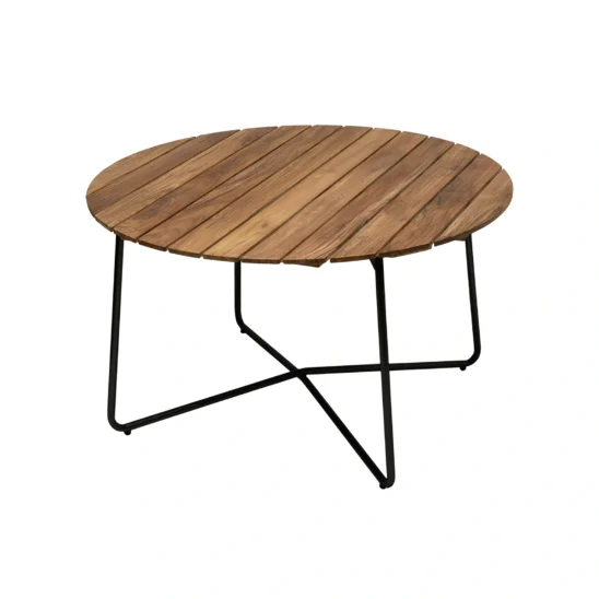 9A 120 matbord med skiva i teak och svart stativ.