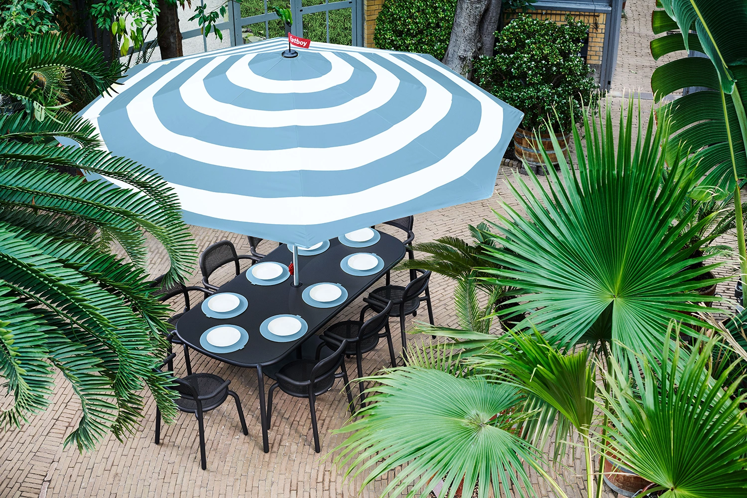 Stripesol parasoll wave blue Ø350 cm, inkl. parasollfot