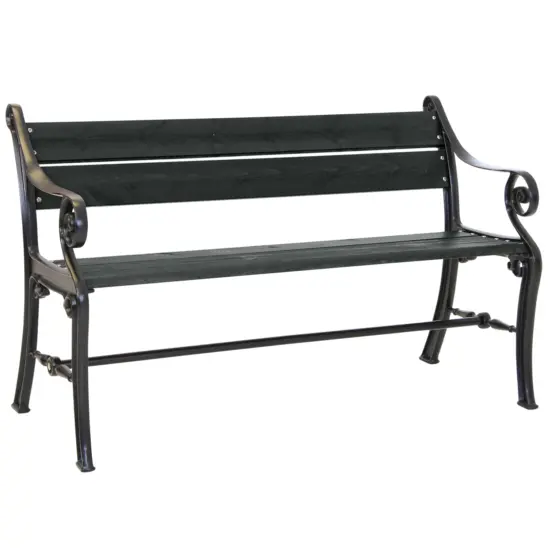 Köpenhan parksoffa med svarta gjutna gavlar och sits och rygg i svartlaserad furu.