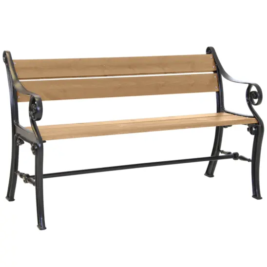 Köpenhan parksoffa med svarta gjutna gavlar och sits och rygg i brunlaserad furu.