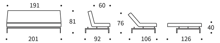 Mått på Jillis bäddsoffa. Bredd 201 cm, djup 92 cm, Liggbredd 126 cm, Höjd 81 cm