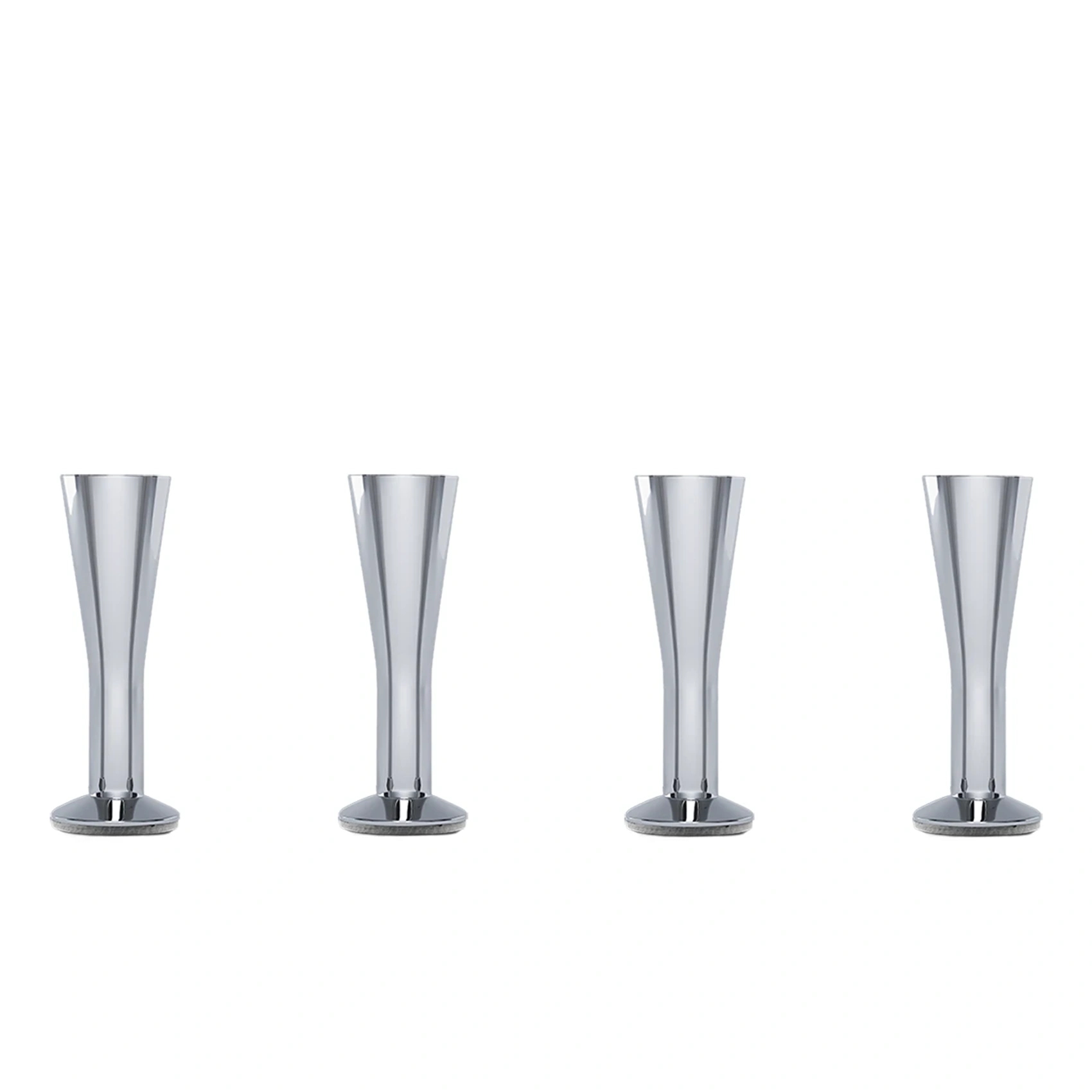 Fyra stycken champagne-formade sängben i polerat stål i höjden 12 cm.