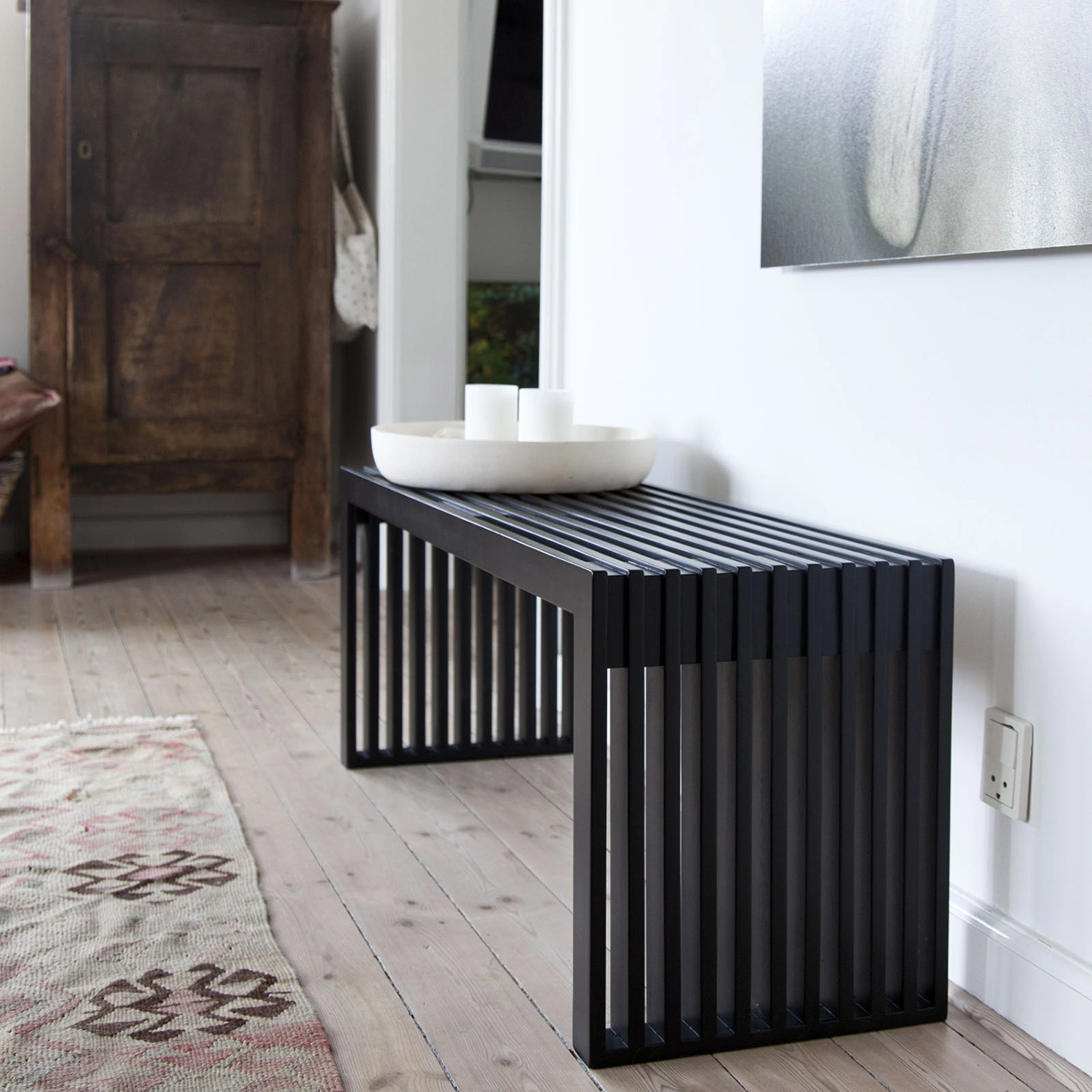 Ribbad bänk svart mahogny - 104×35×H43 cm