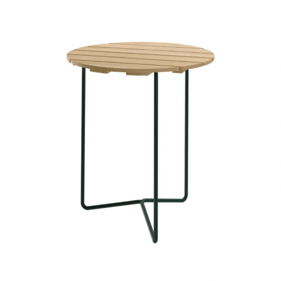 6B bord i oljad furu med blankt, mörkgrönt stativ.