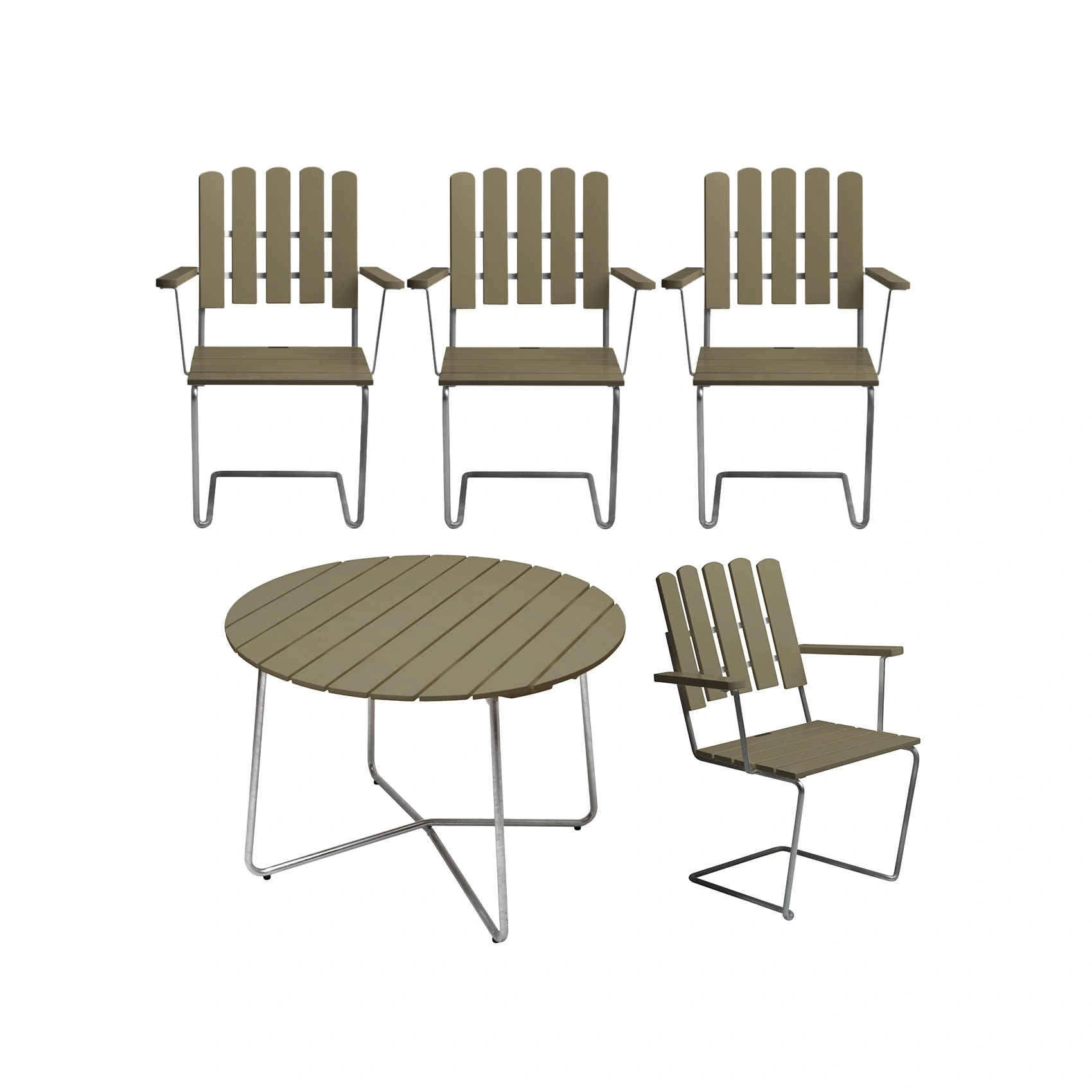 Klassikergrupp med fyra stolar i ljusgrönt med varmförzinkat stativ.