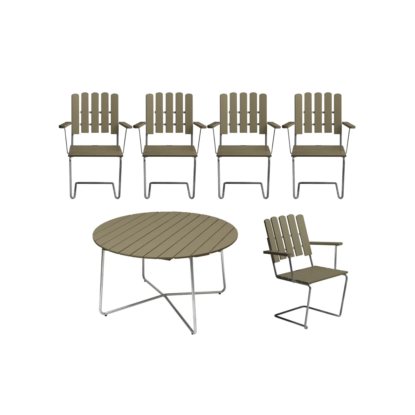 Klassikergrupp ljusgrön ek / varmförzinkat - 5 A2 stolar, 9A bord