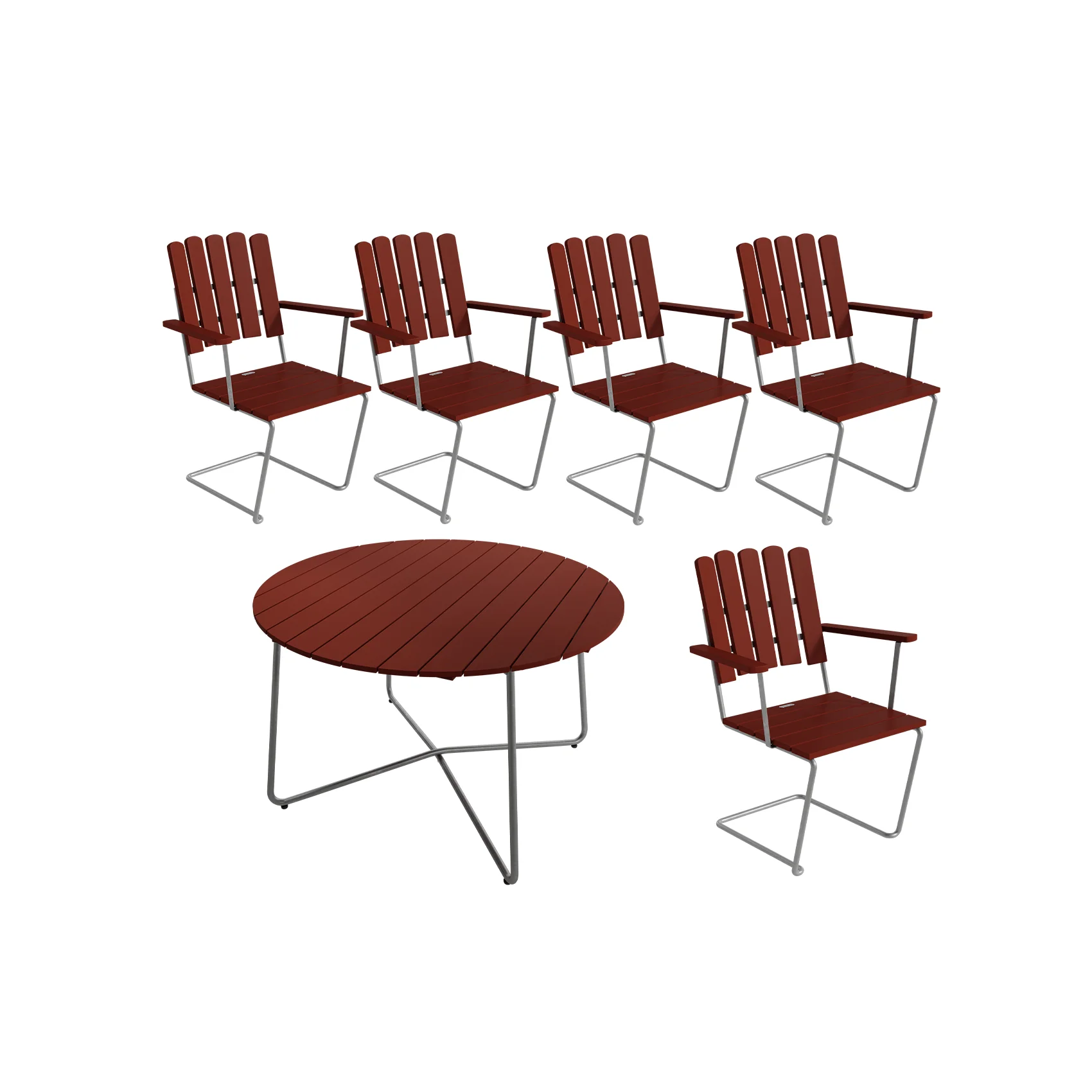 Klassikergrupp med 9A-bord och fem A2-stolar i mörkrött med galvat stativ.