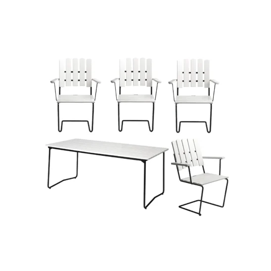 Klassikergrupp med fyra A2 stolar och B31 170 cm bord i vitt med svart stativ.