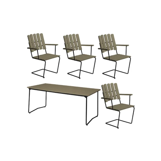 Klassikergrupp med fyra A2 stolar och B31 170 cm bord i ljusgrönt med svart stativ.