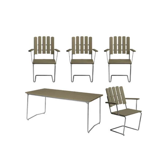 Klassikergrupp med fyra A2 stolar och B31 170 cm bord i ljusgrönt med varmförzinkat stativ.