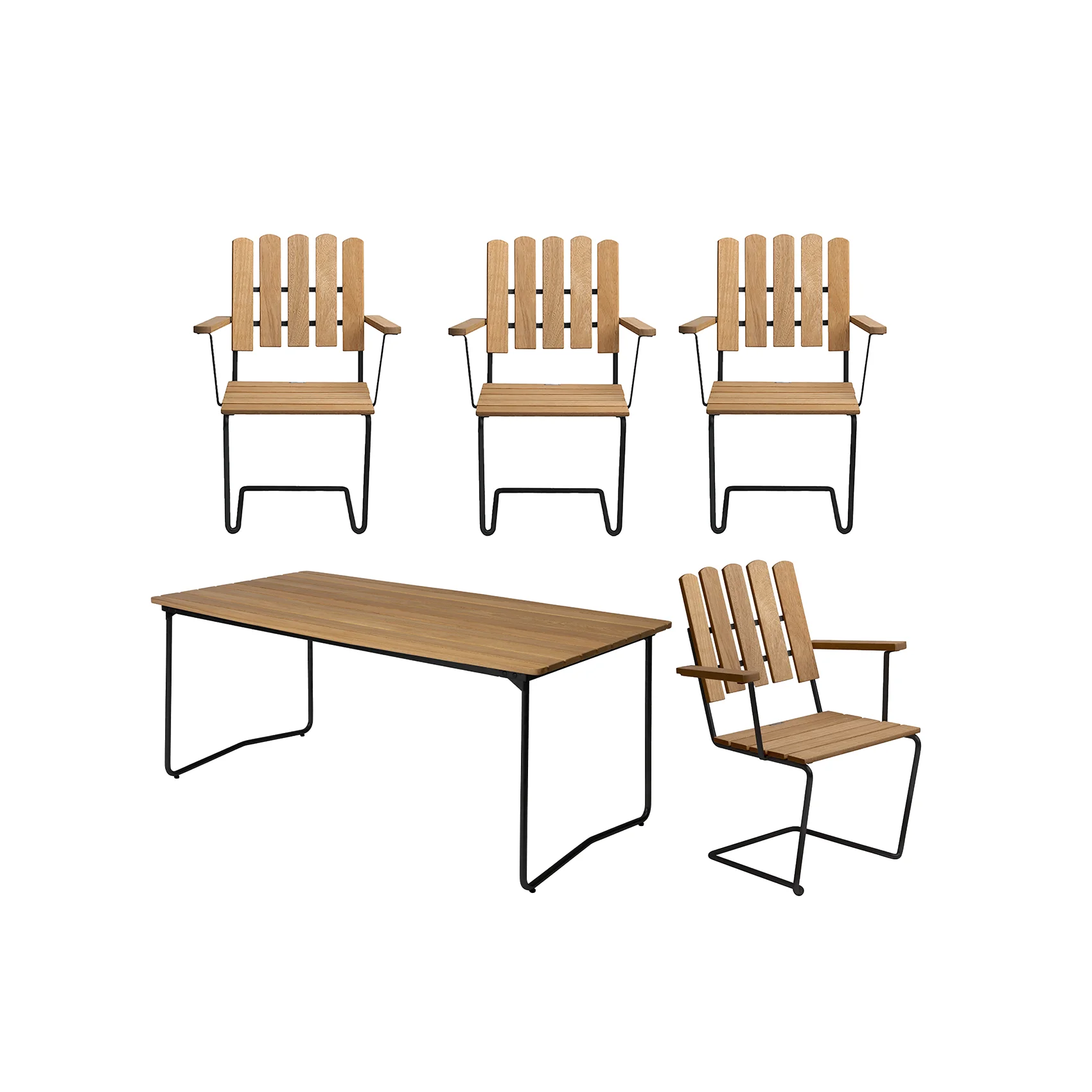 Klassikergrupp med fyra A2 stolar och B31 170 cm bord i oljad ek med svart stativ.