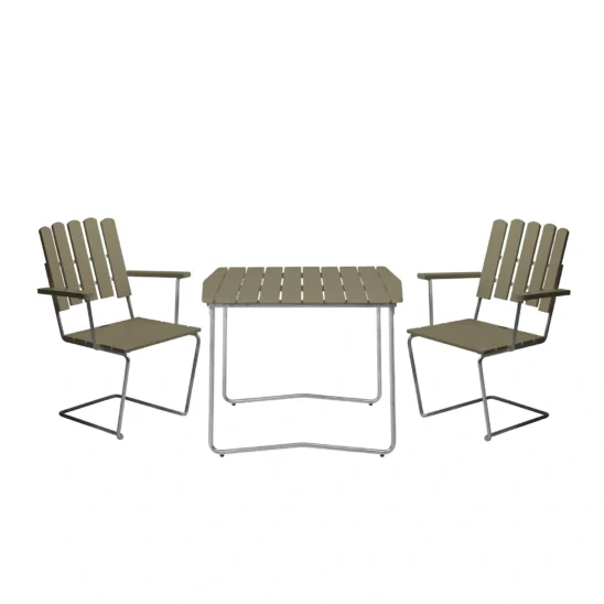 Klassikergrupp café med A2 och b31 i ljusgrönt med varmförzinkat stativ.